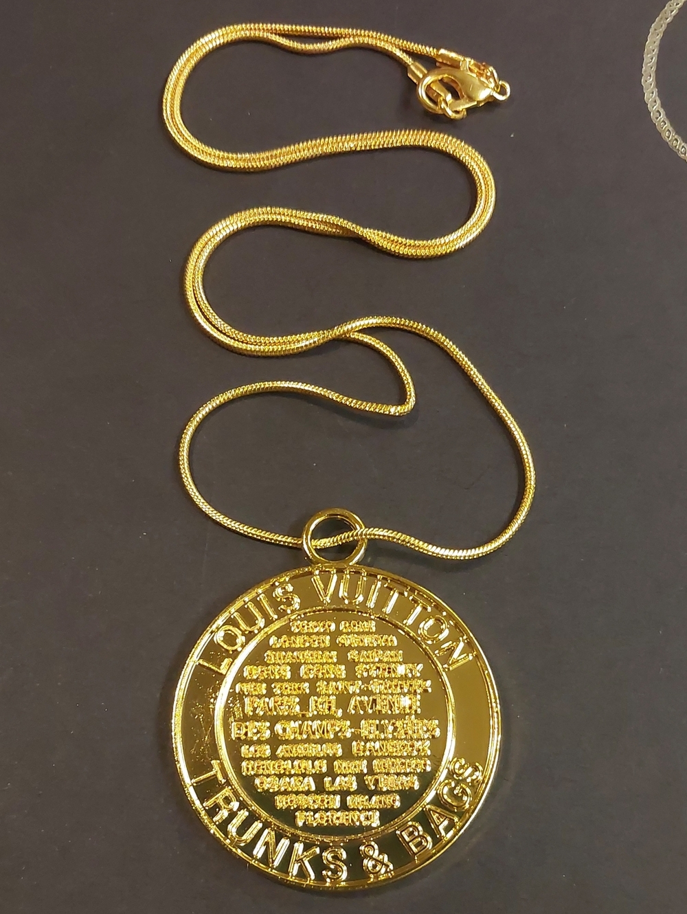 LV Gold-tone Medallion Round Logo Pendant Necklace